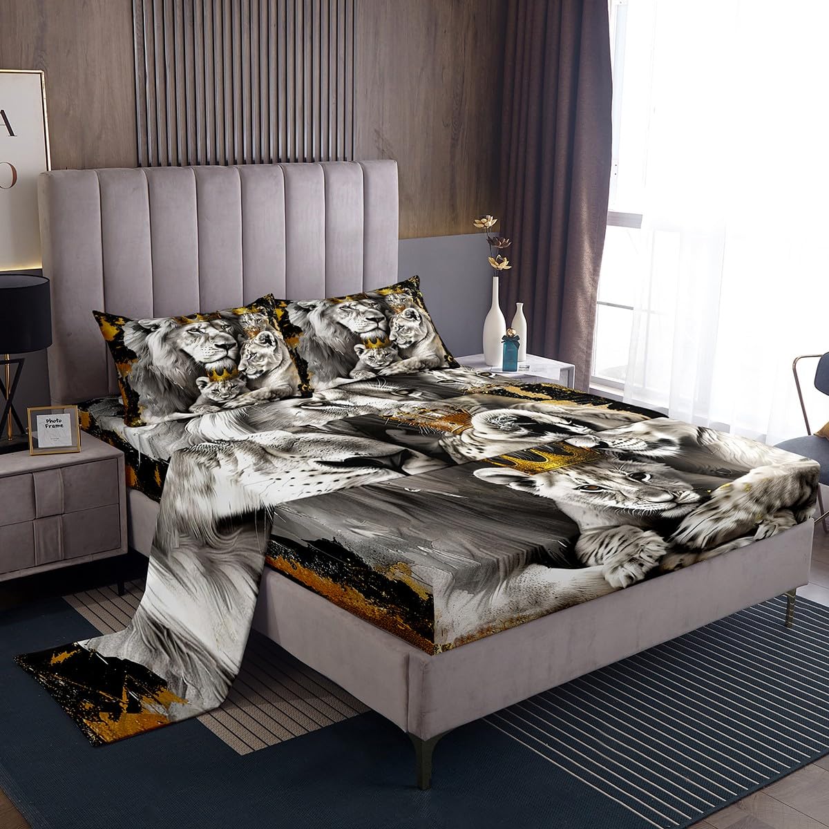 Manfei Lion Family Kids Sheet Full Size,Gold King and Queen Crown Bedding Set,Boys Men Room Decor,Tropical Wild African Animal Hunting Adventure Grey