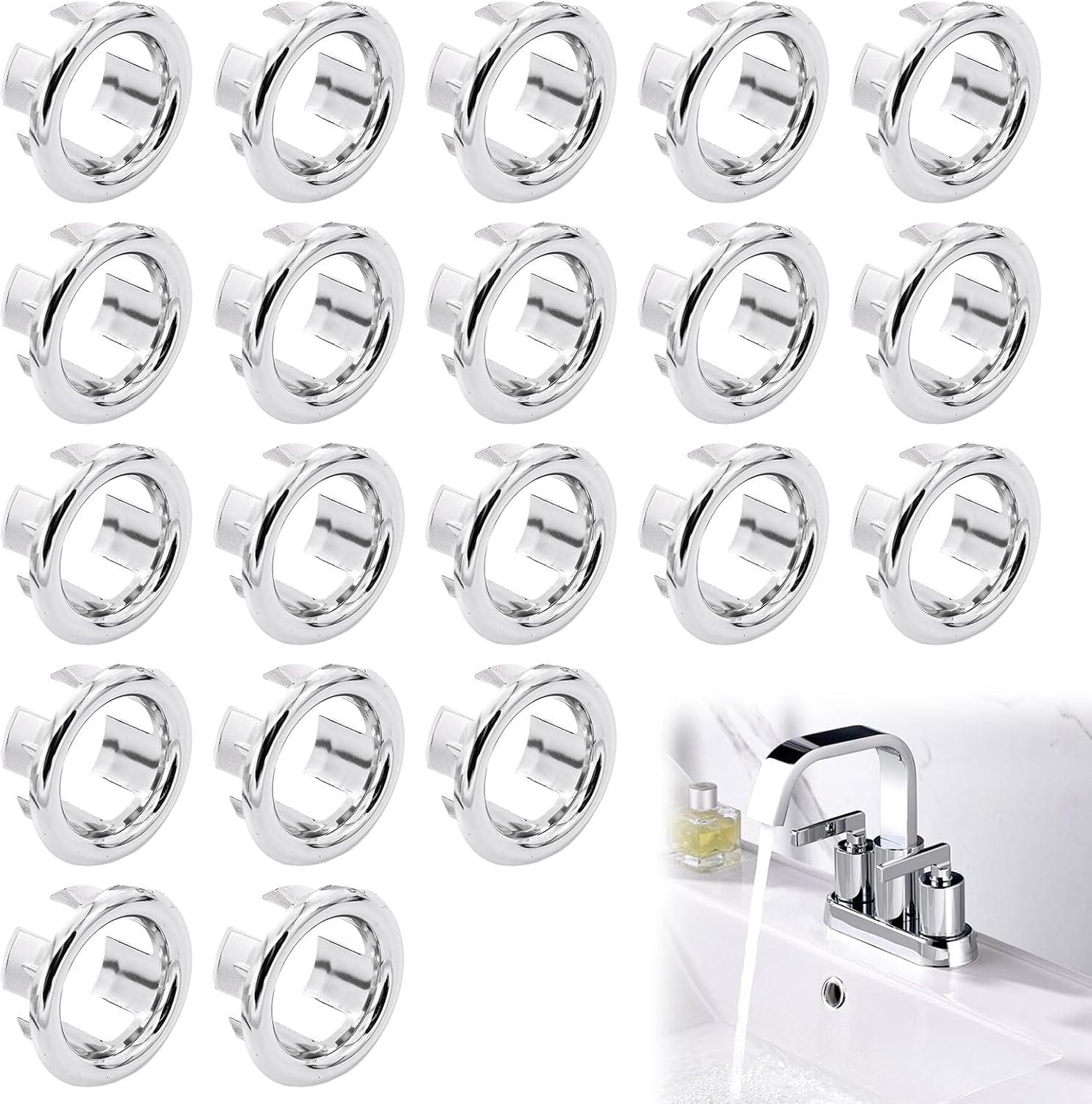 20 Pack Bathroom Sink Drain Cover, Bathroom Sink Overflow Trim Ring, Kitchen Basin Trim Remplacement Round Caps Insert in Hole (Silver, ABS Plastic)