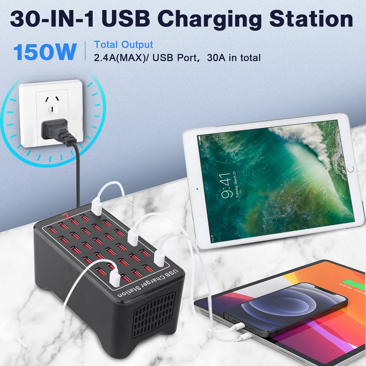 Cargador USB, Cinlinso de 30 puertos de 150 W (30 A), estación de carga USB multipuerto con detección inteligente para múltiples dispositivos, smartphones, tabletas y otros dispositivos electrónicos