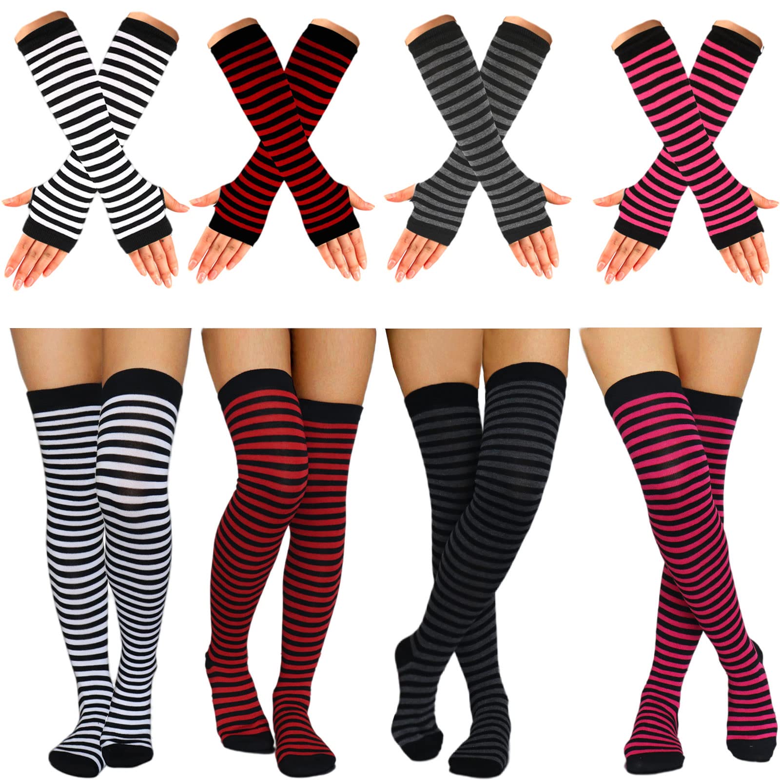 Ibeauti 8 Pcs Womens Striped Knee High Socks Stockings Y2K Goth Knitted Long Arm Warmer Fingerless Gloves Set