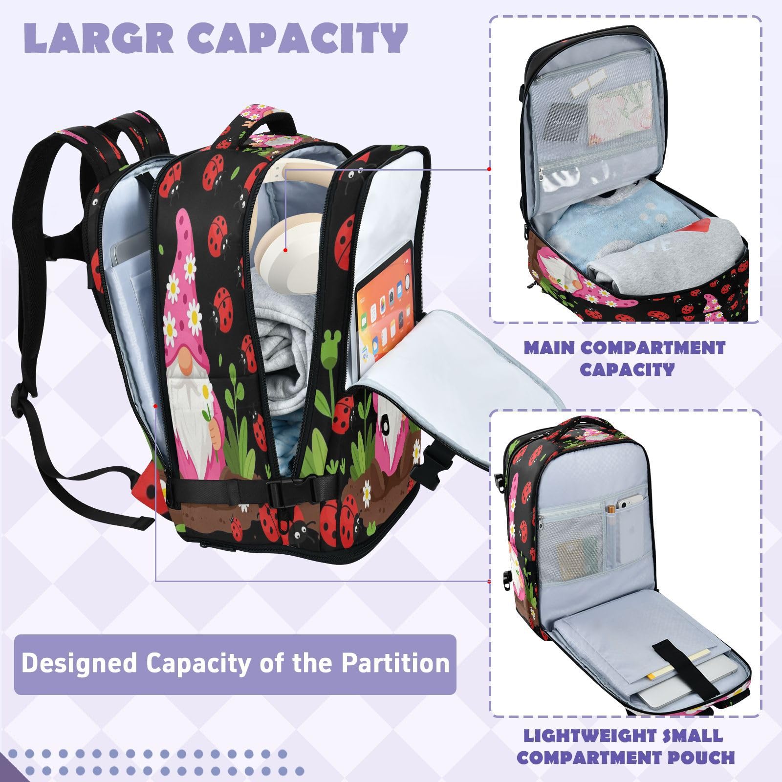 Mały plecak podróżny niezbędnik do samolotów 20 l | Lekka torba na laptopa Peace Love Gnome Lady Bugs Travel Essentials dla kobiet praca bolso para laptop 20L