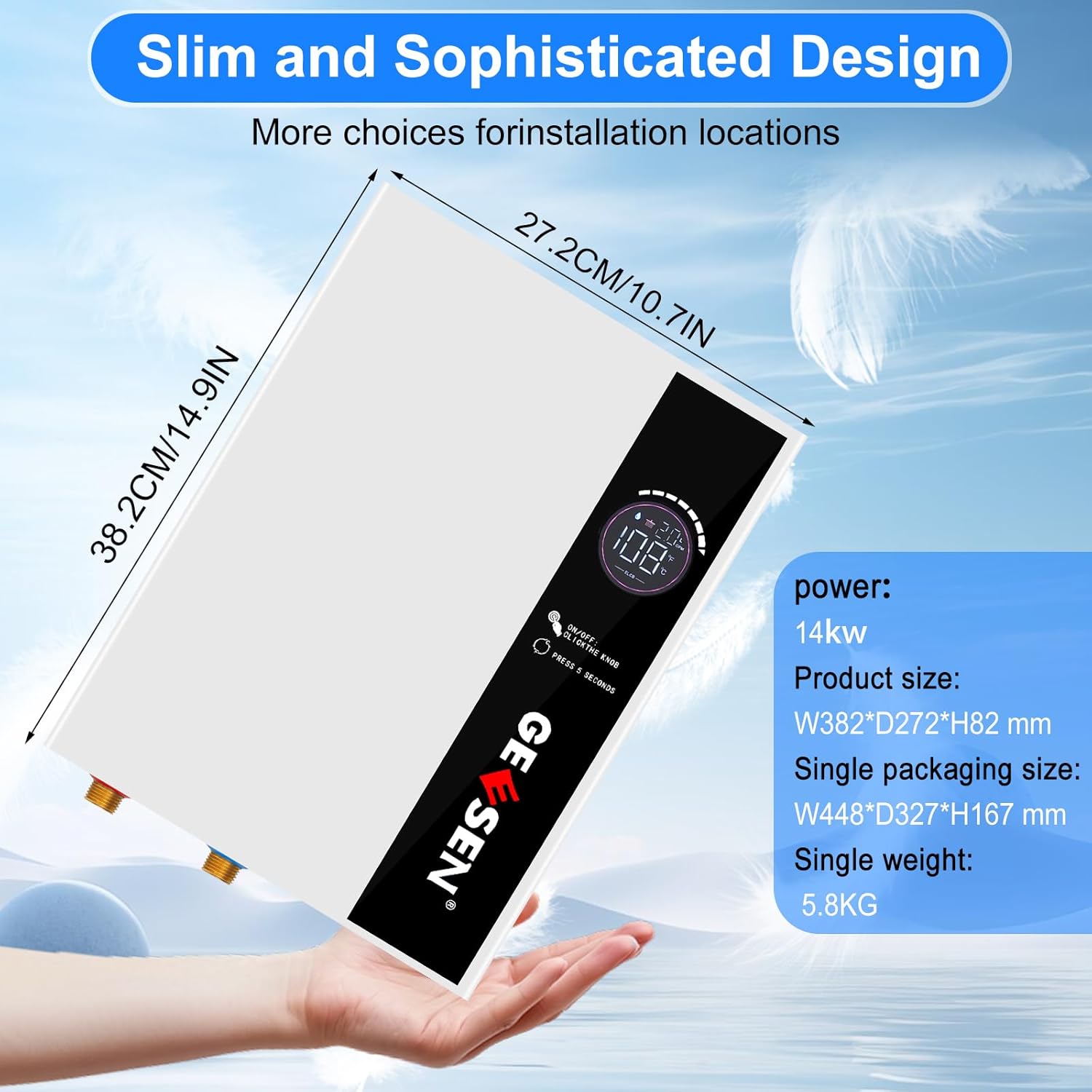 Diagram showing the slim dimensions of the GEESEN tankless water heater: 38.2 cm (14.9 inches) height and 27.2 cm (10.7 inches) width, with additional product specifications.