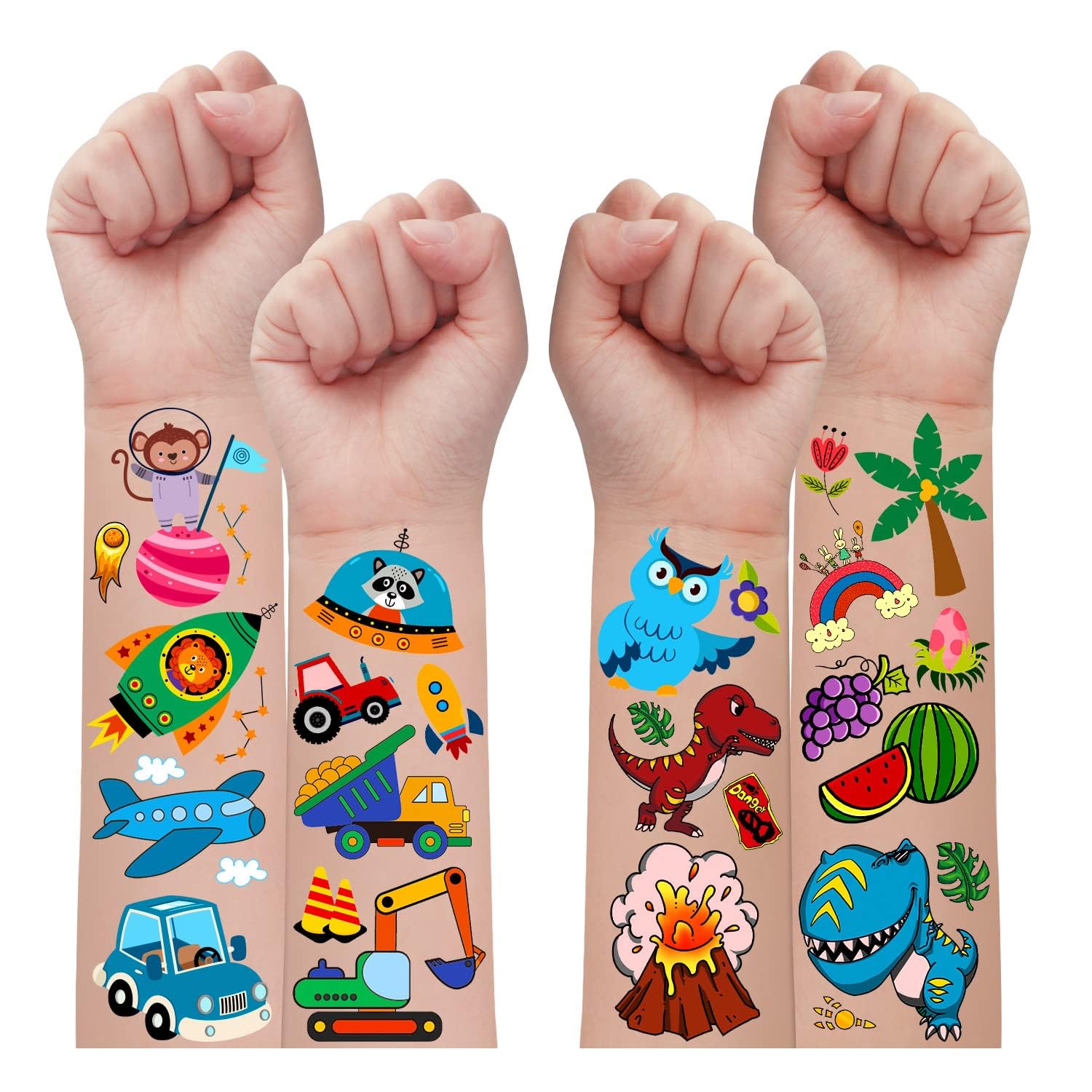 Tatuaggi Temporanei Per Bambini – 10 Fogli Assortiti: Auto, Dinosauri, Farfalle, Animali