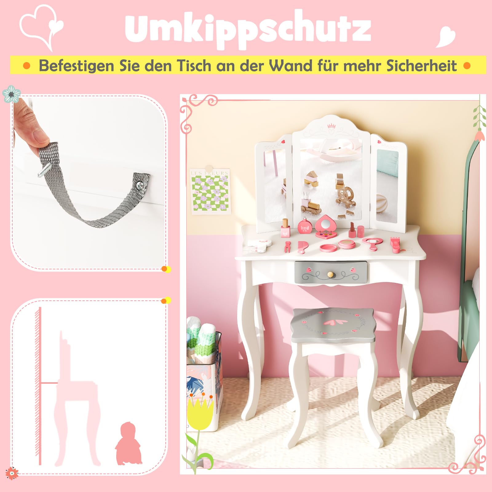 DREAMADE 2 IN 1 Kinder Schminktisch mit 10 TLG. Spielzubehör und Hocker, Prinzessin Frisiertisch mit Schublade, Kosmetiktisch Kinderschminktisch aus Holz für Mädchen ab 3 Jahren, weiß