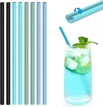Reusable Silicone Washable Softy Drinking Straws in Snap Straw-Openable Straight Smoothie Straw Food Grade Hot and Cold Compatible 8, balck+shale+pool+sea, 7.87inch 8mm