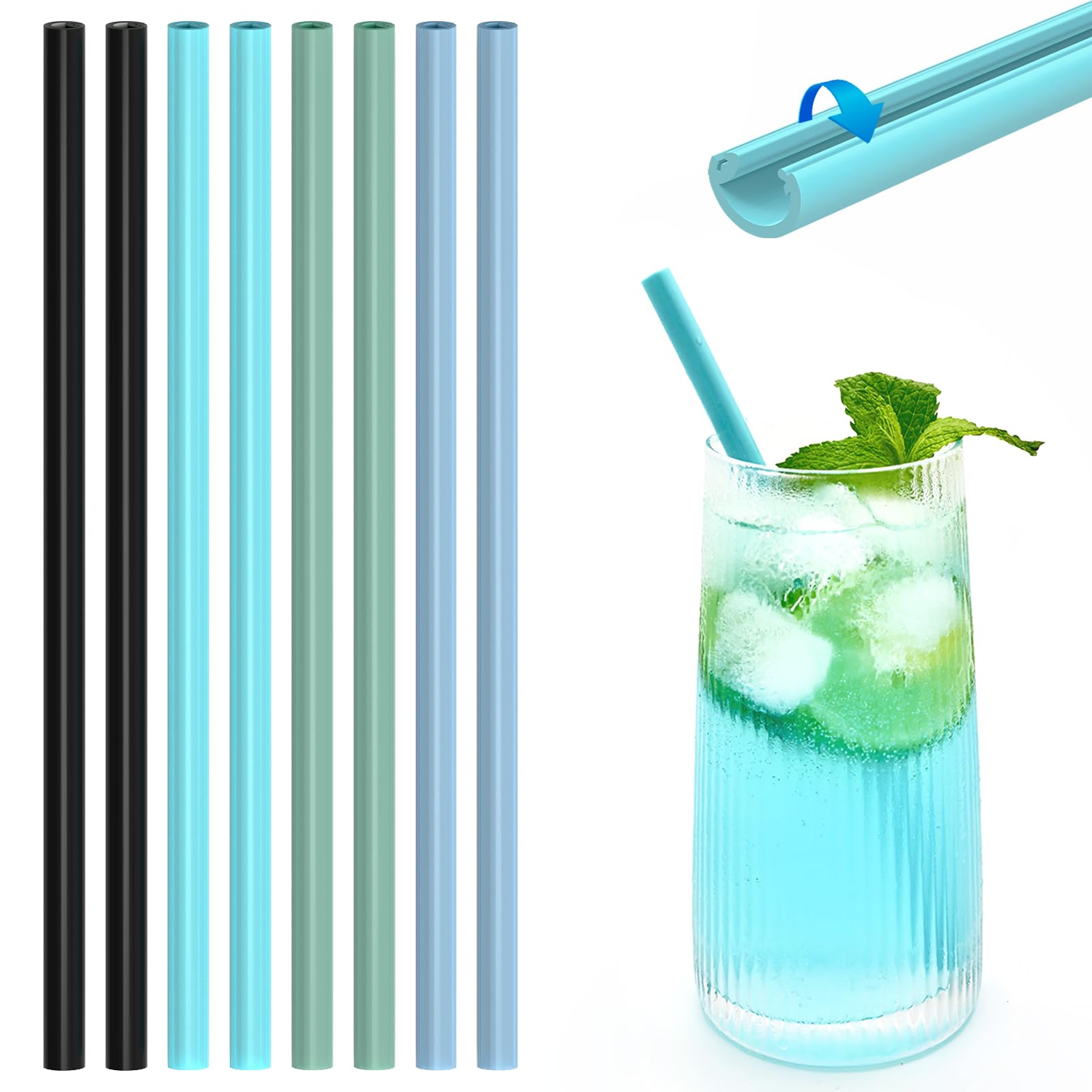 HAPPY CREATE Reusable Silicone Washable Softy Drinking Straws in Snap Straw-Openable Straight Smoothie Straw Food Grade Hot and Cold Compatible (8, balck+shale+pool+sea, 7.87inch 8mm)