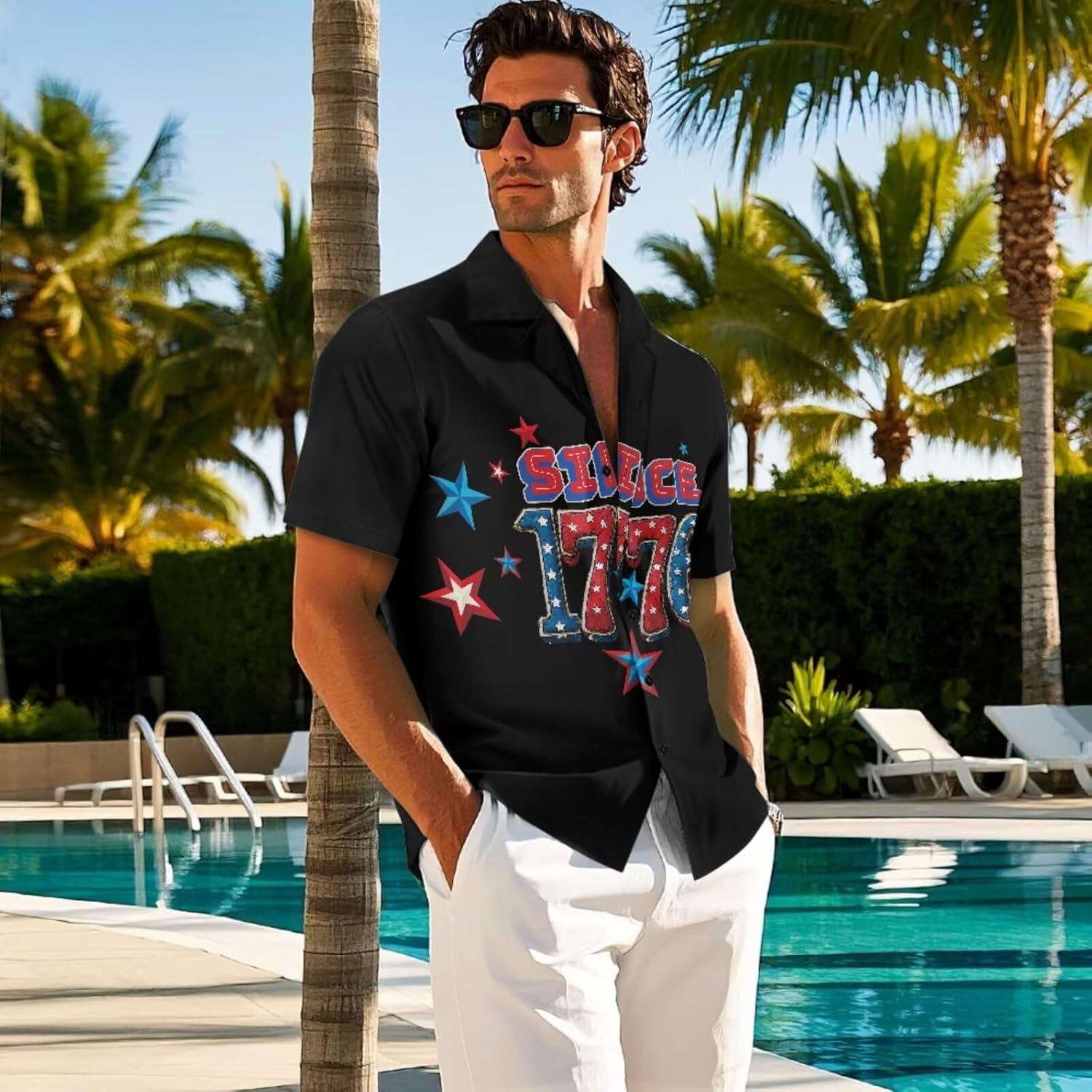 Mens Patriotic Button Down Shirt & USA 250th Anniversary Hat Set, Short Sleeve 4th of July Shirts with Baseball Cap
