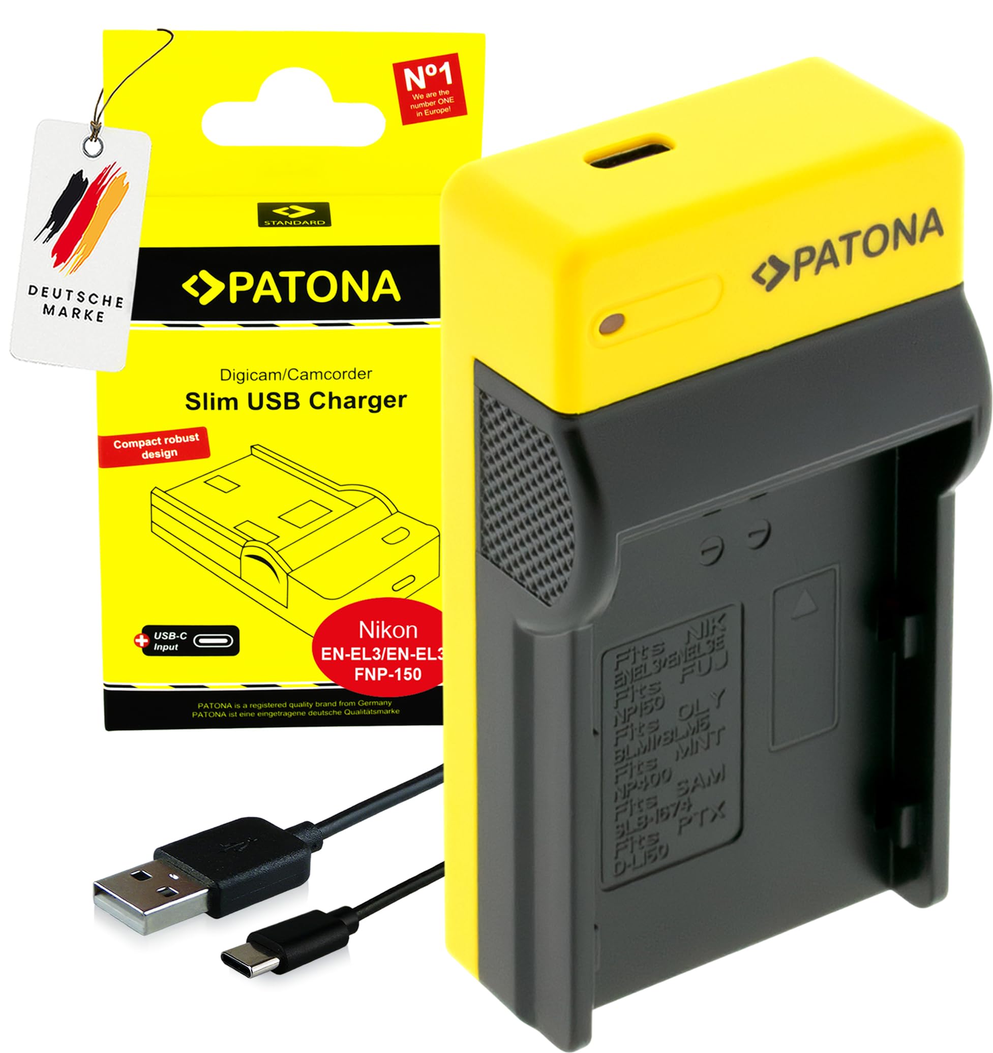 PATONA Slim Caricatore USB-C per EN-EL3 EN-EL3a EN-EL3E – per Nikon D40 D50 D70 D80 D90 D100 D200 D300 D700 D3000 D5000 – compatto con ricarica USB-C