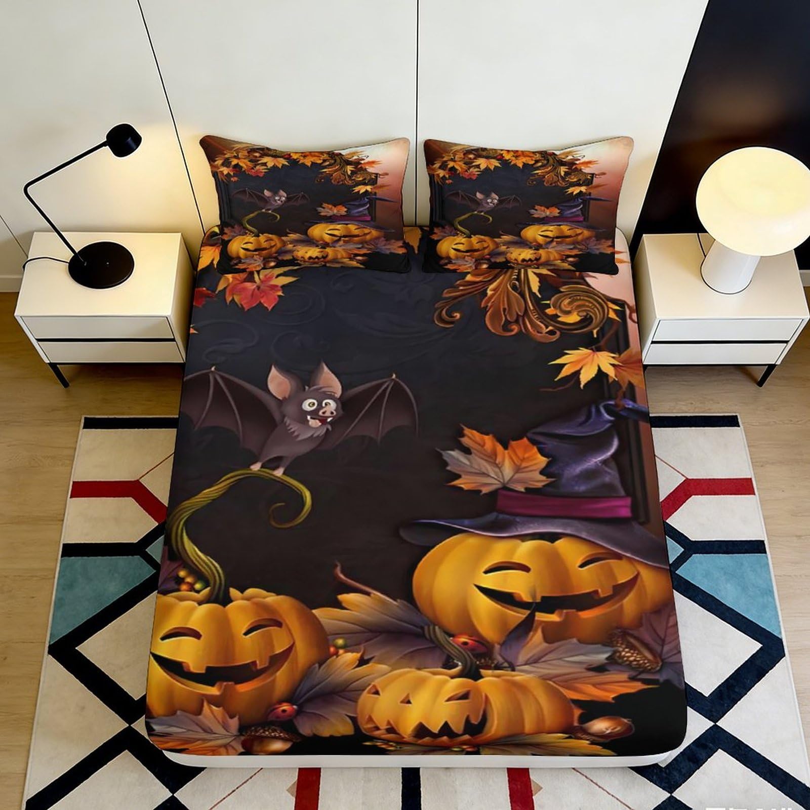 Jqzkxnhpbr Style-9 3D Printed Halloween Pumpkin Fitted Sheet Microfiber Black Bat Mattress Cover For Bedroom Guest Room Dorm Decor 90X200x25cm