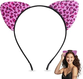 Cheetah Leopard Headband Halloween Accessories, Pink Leopard Print Cheetah Cat Ears Headbands Animal Headwear Headgear for Women Daily Wear Halloween Christmas Party Cosplay Decoration
