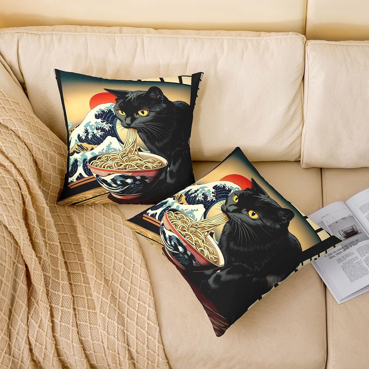 jejeloiu Funny Cat Throw Pillow Covers Set of 2 Cool Japanese Anime Cushion Covers Japanese Style Pillow Case for Couch Sofa Cushion Case Kids Boys Girls Bedroom Decor 22 x 22-Inch image 2