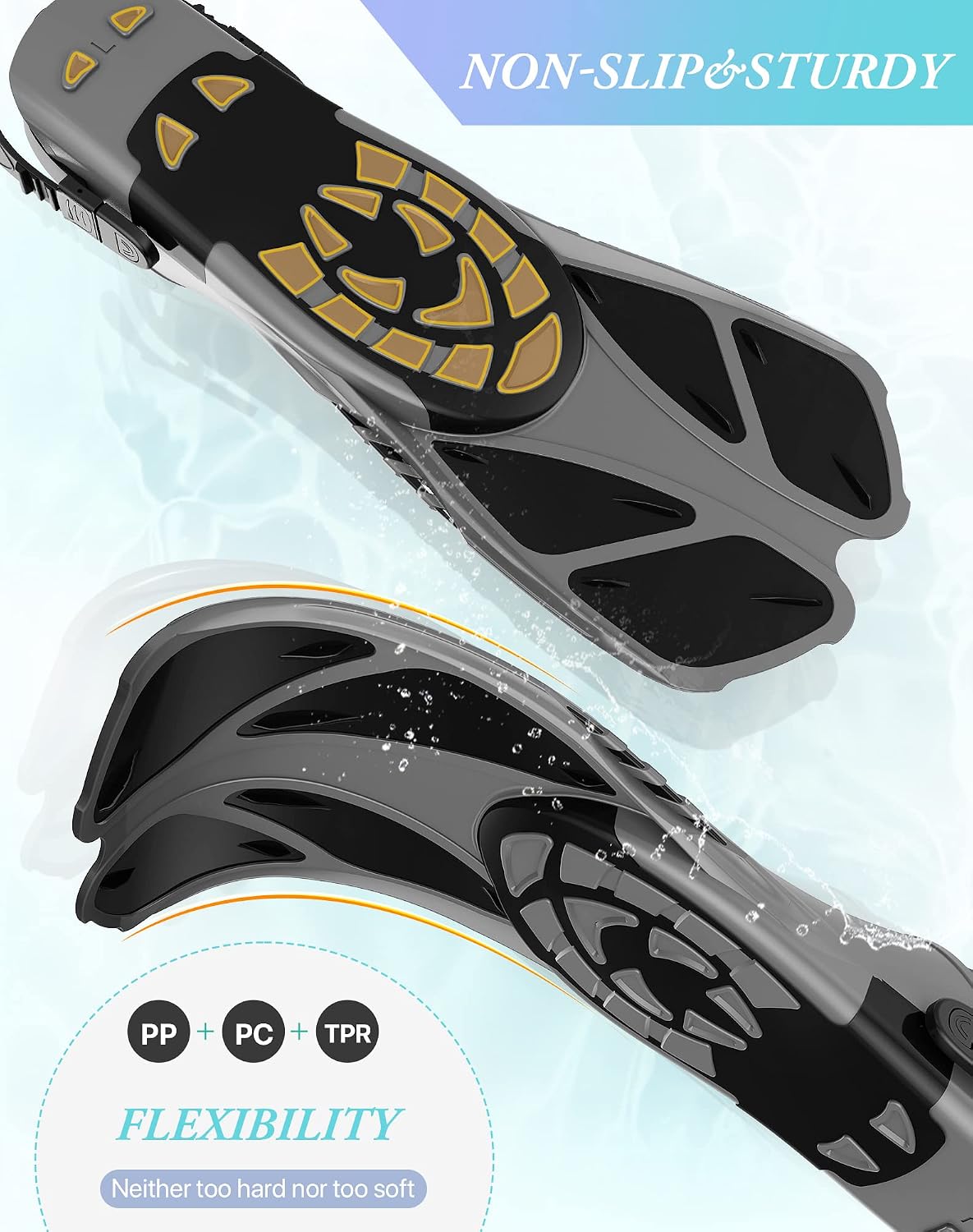Condition photo showing New/Like New for greatever snorkel fins adjustable buckles open heel swim flippers travel size short swim fins for snorkeling diving swimming adult men womens black s/m (adult us size 4.5-8.5)