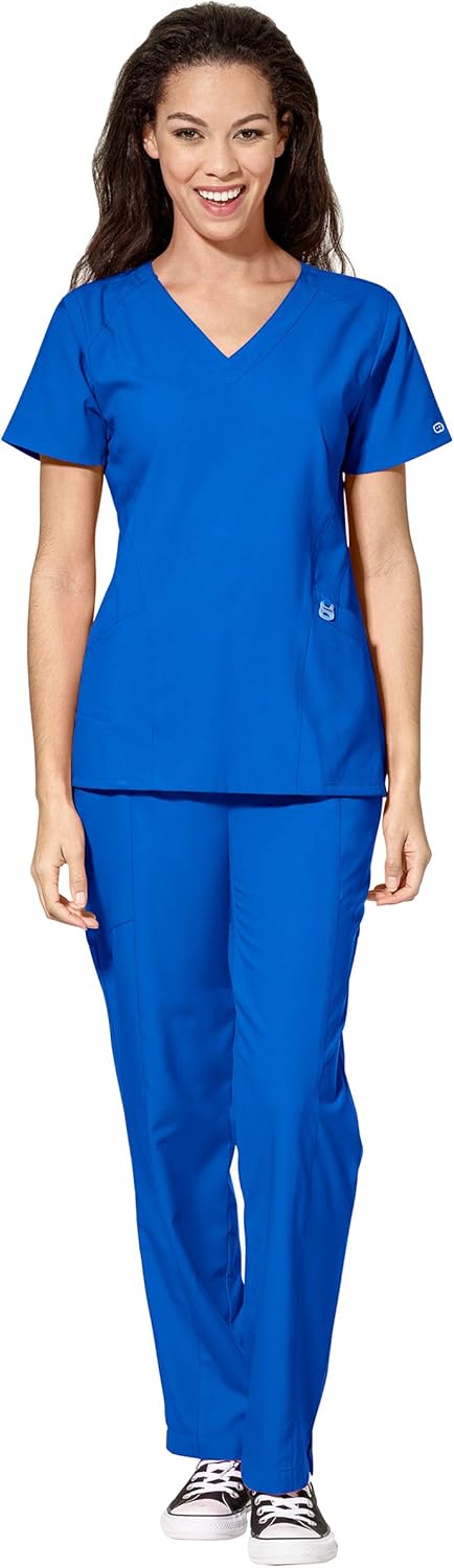WonderWink W123 Women's Stylized V-neck Top & Flat Front Double Cargo Pant Scrub Set + Badge Reel