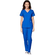 WonderWink W123 Womens Stylized V-neck Top & Flat Front Double Cargo Pant Scrub Set + Badge Reel