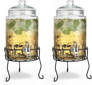 2 PACK 1.5 Gallon Drink dispenser, Classic Hammered Glass Beverage Dispenser With Elegant Stand, Drink Dispensers for Parties With Spigot 100% Leakproof. Perfect For Parties And Daily Use