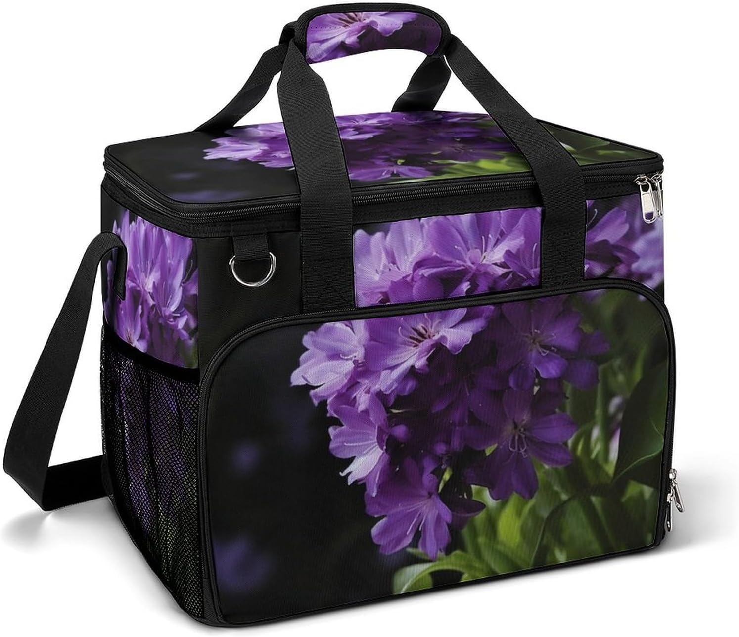 Large Capacity Oxford Cloth Purple Flower Printed Camping Ice Bag, Outdoor Portable Insulation and Cooling Bag, Suitable for Outdoor Camping and Picnics