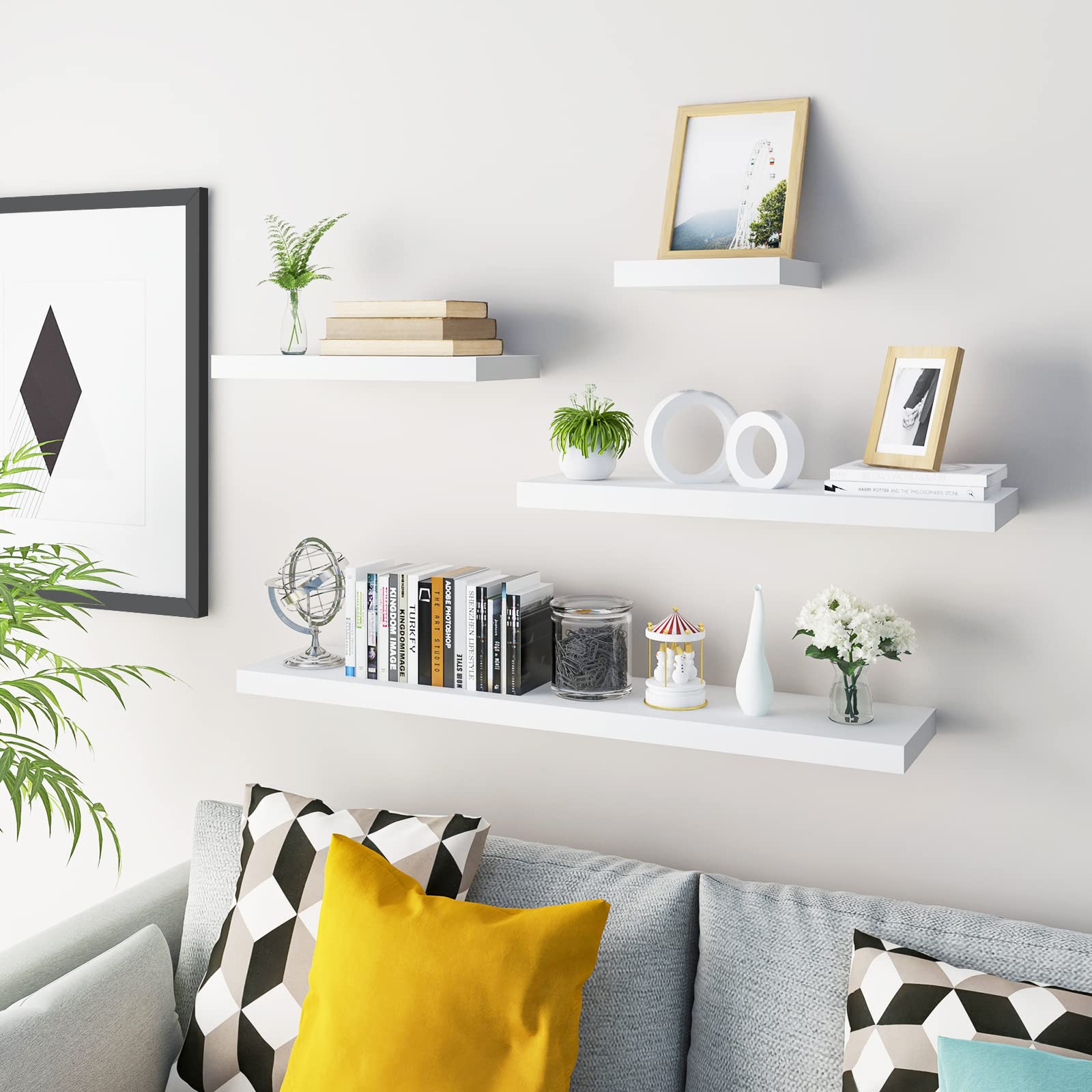 WOLTU 6-delig set Wandregal Schweberegal Galeriedisplay Mat wit, vrij zwevend, wanddecoratie voor woonkamer slaapkamer kinderkamer, uit MDF, 60 x 22,9 x 3,8 cm, RG9319ws-6