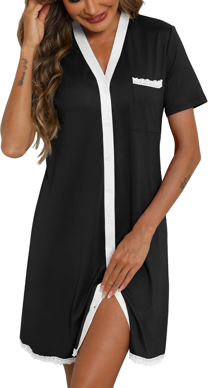 Women’s Nightgown Button Front Nightshirt Short Sleeve Contrast Lace Trim Sleepshirt Soft V Neck Sleepwear Women’s Nightgown Button Front Nightshirt Short Sleeve Contrast Lace Trim Sleepshirt Soft V Neck Sleepwear