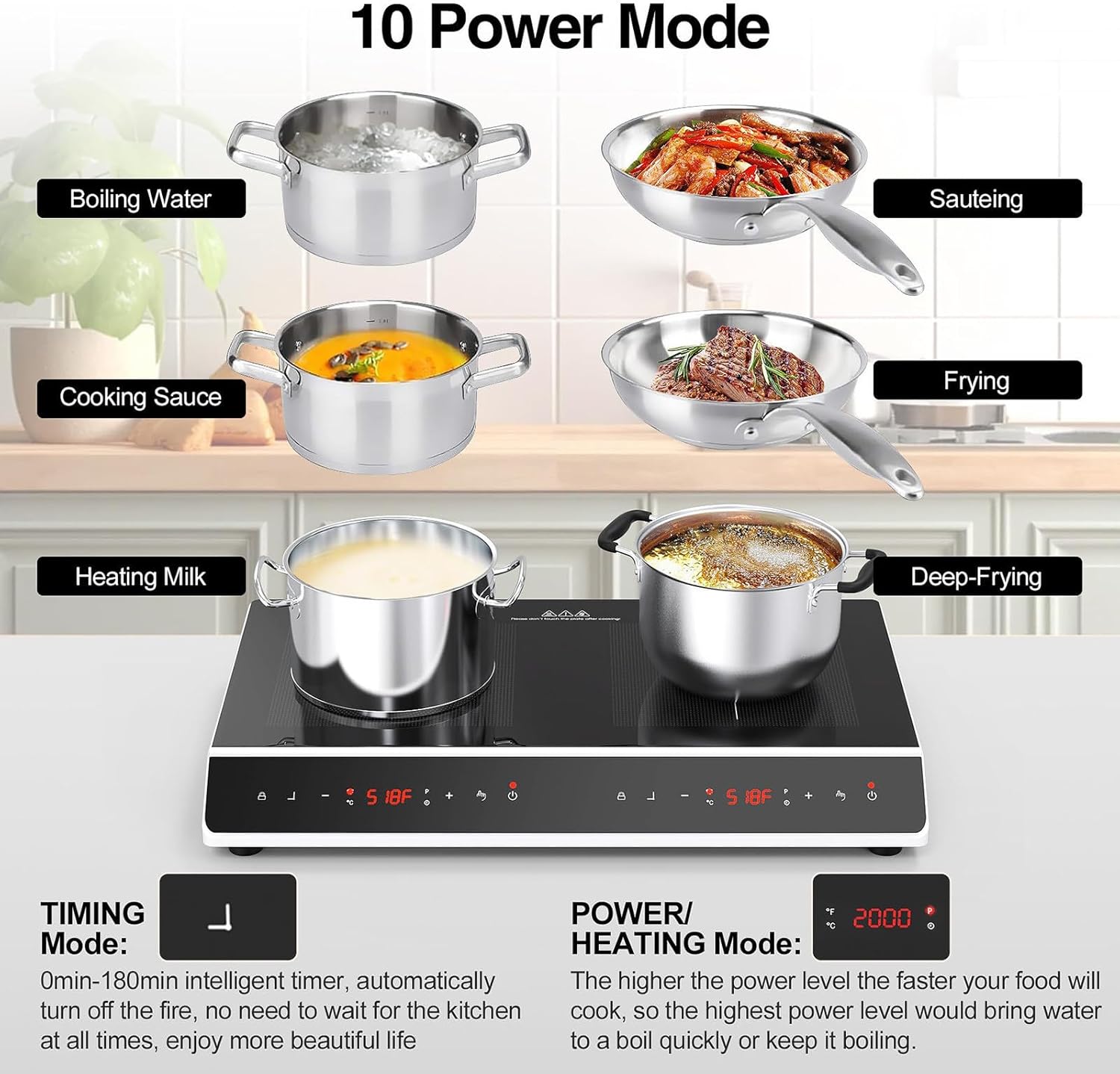 Desktop Double-Head Induction Cooker, 24"" Induction Cooktop with 2 Burners With Led Touch Screen With Child Safety Lock and Timer