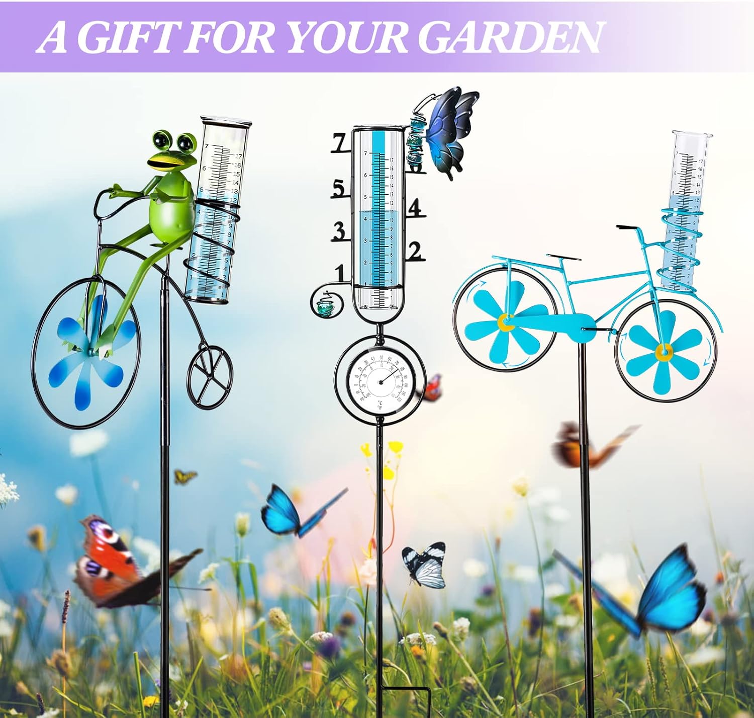 Rain Gauge, 7'' Capacity Upgrade Glass Rain Guage Outdoor - Detachable with L-Shaped Metal Stake, Decorative Rain Measure Gauge for Garden, Yard, Lawn, Patio, Backyard