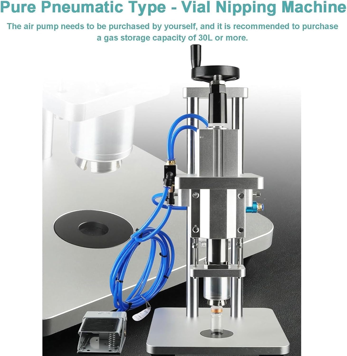 Sigillatrice pneumatica per bottiglie con regolazione in altezza e interruttore a pedale per sigillare in modo sicuro tappi in alluminio in laboratorio, ideale per ricerca e produzione