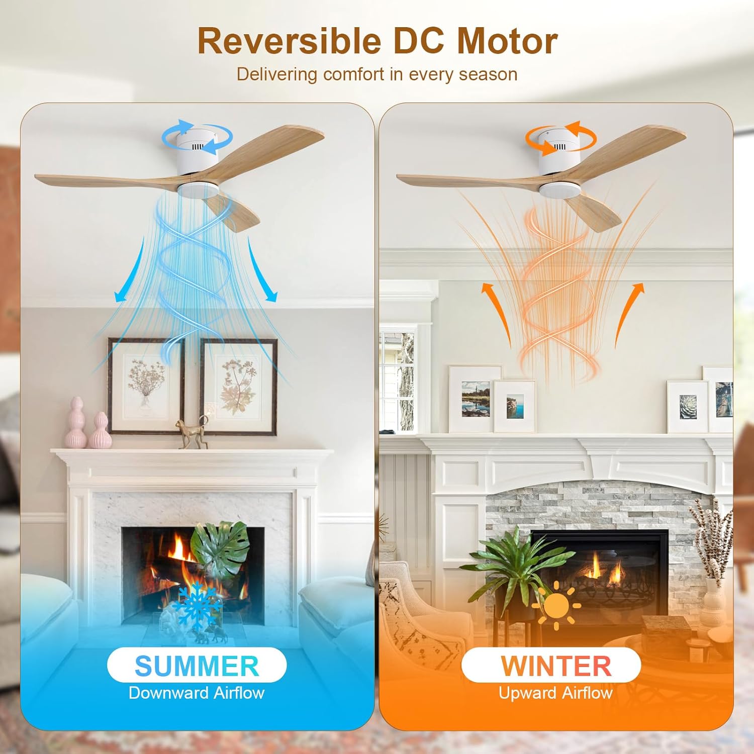 CACI Mall 52 Inch Ceiling Fan No Light, Low Profile Flush Mount Modern Wood Ceiling Fan with Remote, Reversible Quiet DC Motor, Suitable for Bedroom Living Room Patio Farmhouse Indoor/Outdoor