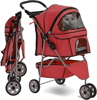 HCY Folding Dog Stroller, 3 Wheels Cat Strollers Pet Gear for Small Medium Cats Dogs Puppy with Storage Basket, Cup Holder,Lightweight-Red, 35.04 inch x17.32 inch x38.58 inch