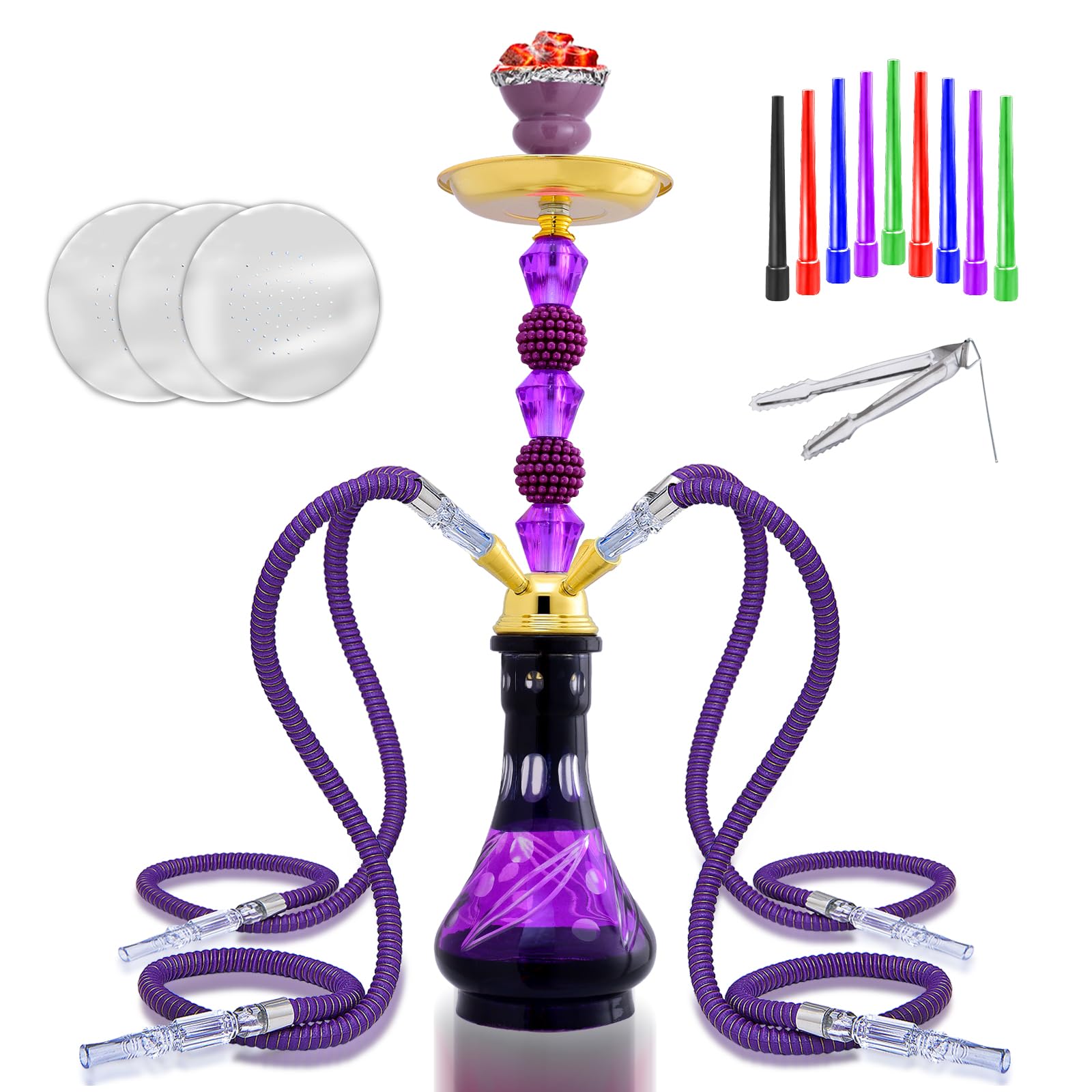22 Premium 4-Hose Hookah Set - Complete Kit with Glass Base 20 Tips 50 Pre-Punched Foils for Social