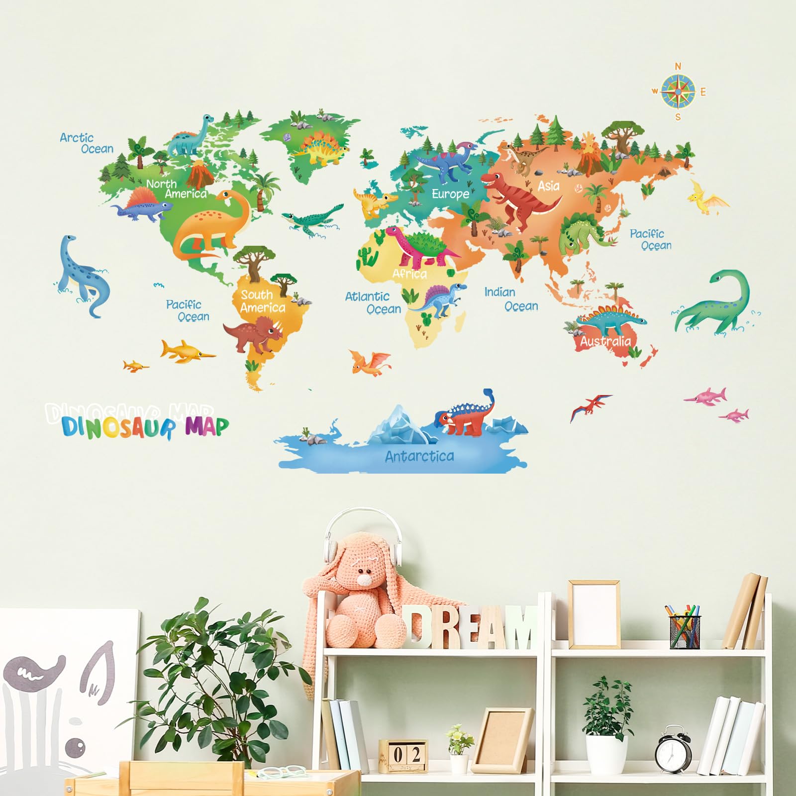 Carte du monde autocollants muraux dinosaures pour décorer la salle de classe et salon