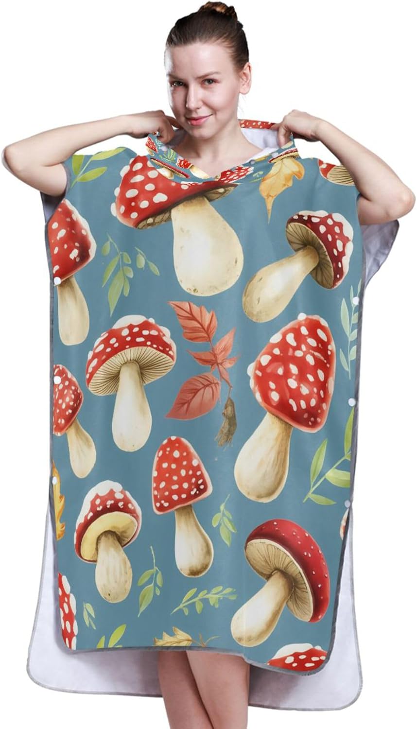 Surf Poncho Changing Robe for Adul Hooded Swim Towel Cute Wearable Mushrooms Leaves Gray Blue Womens Ponchos with Hood