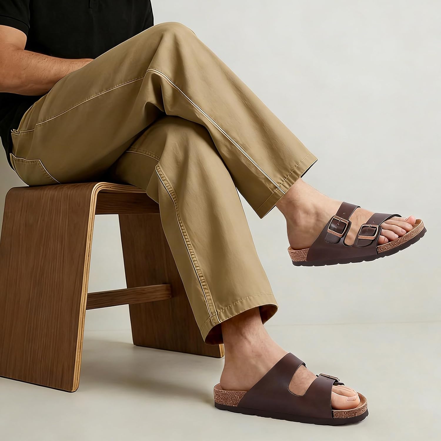 ODOLY Men's Cork Footbed Slide Sandal, Arch Support Summer Outdoor Sandals with Adjustable Buckle for Men