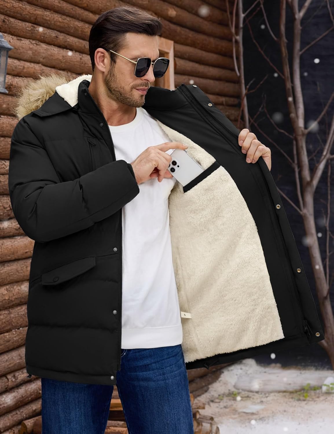 VXVGER Men's Long Winter Coat Warm Thicken Water Resistant Jacket Fleece Windproof Parka Coat with Detachable Hood - Image 3