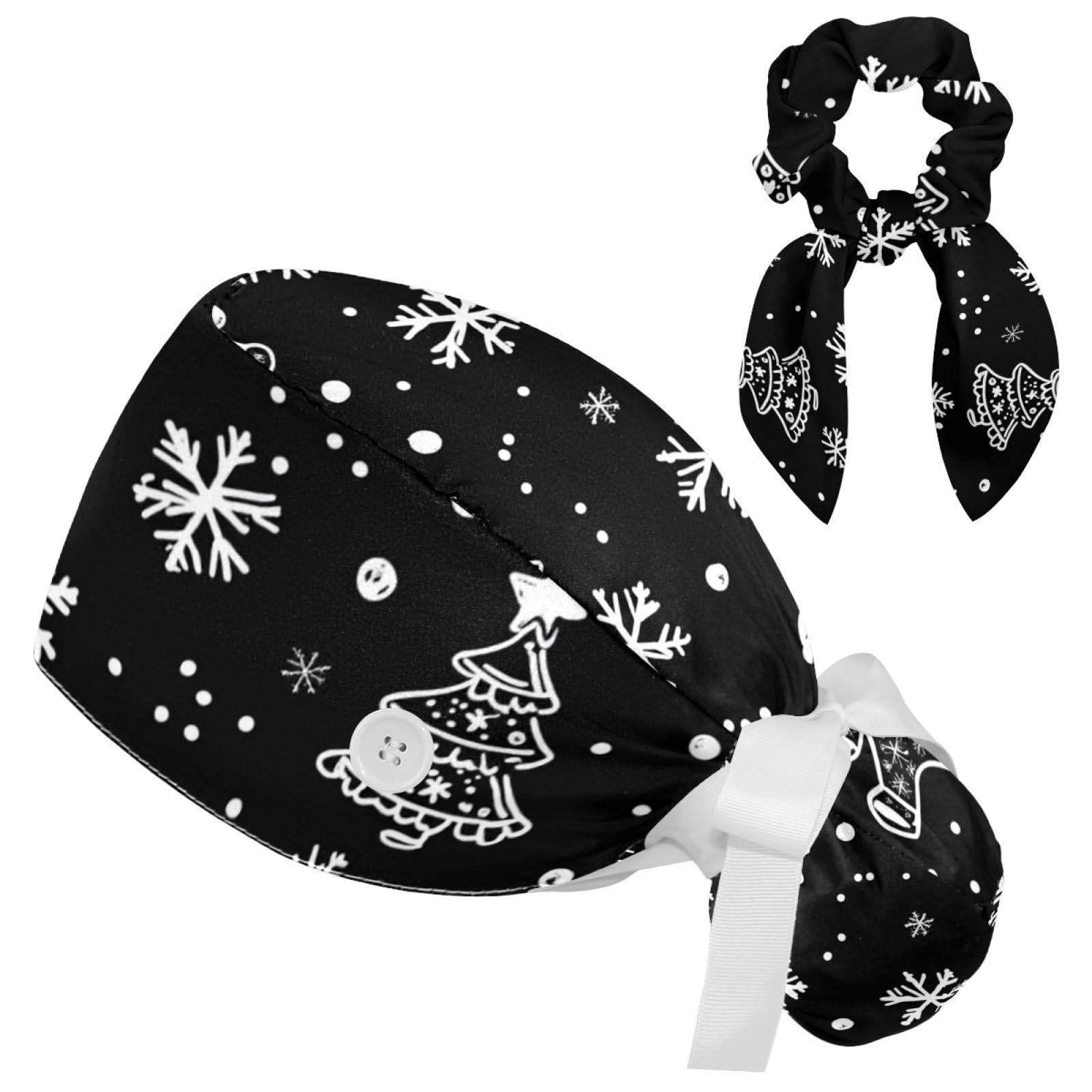 Adjustable Winter Blue Snowflake Surgical Scrub Cap with Button, Ponytail Pouch, Sweatband for Women with Bow Hair Scrunchy