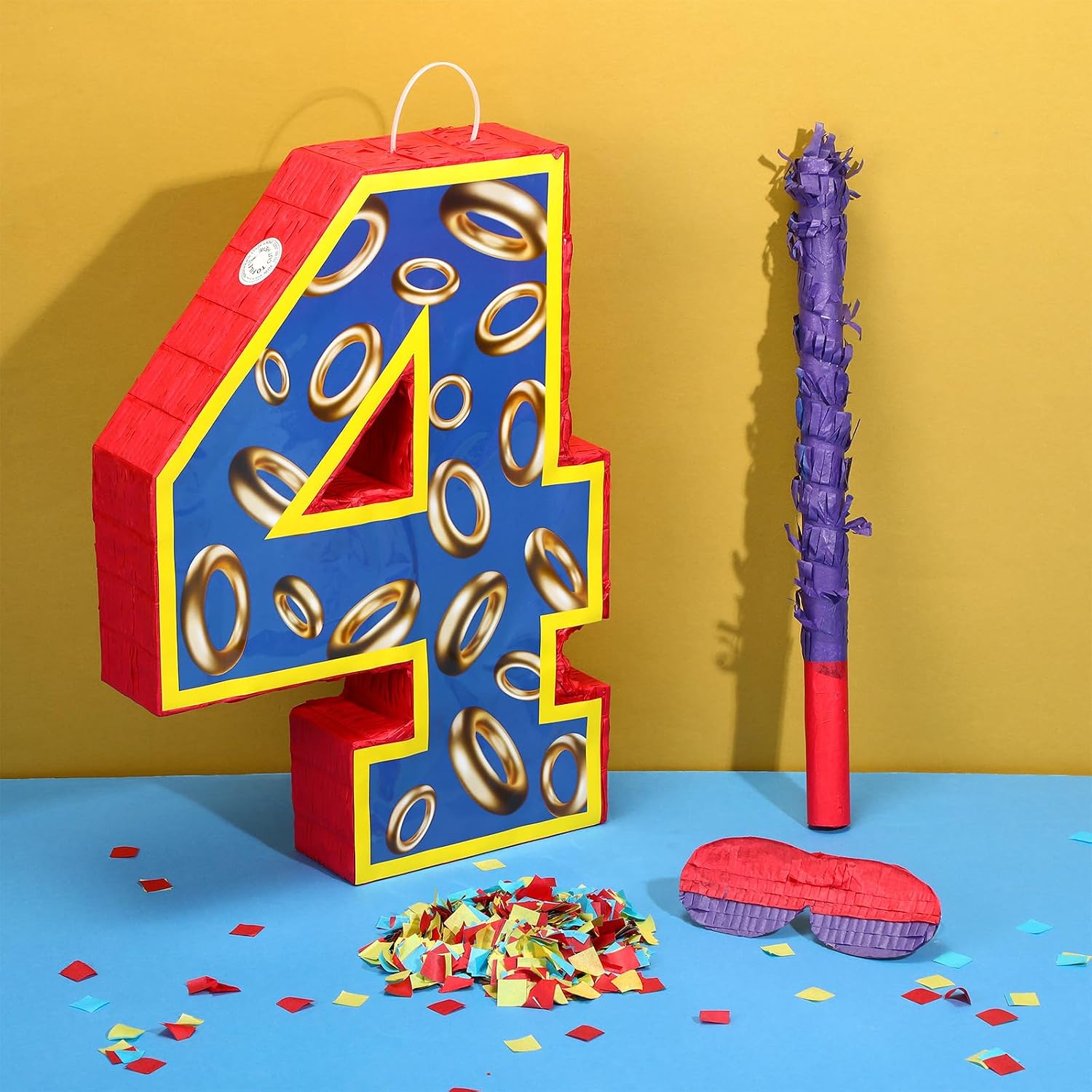 16 Inch Number 4 Blue and Golden Rings Pinata for Birthday Party Decorations, Blue Golden 4th Birthday Party Favor Supplies Fiesta Anniversary Celebration Birthday Pinata with Stick Blindfold Confetti