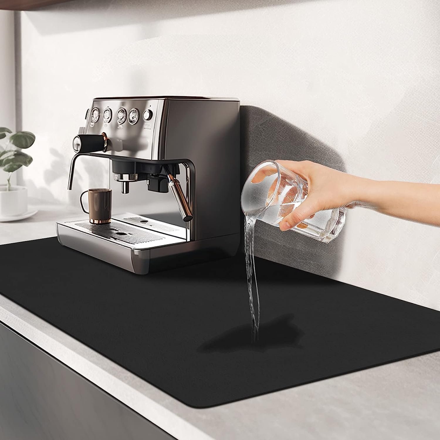 Goodern 30 x 40CM Coffee Mat,Coffee Bar Mat Coffee Maker Mat for Countertops Fit Under Coffee Maker Machine,Hide Stain Rubber Backed Absorbent Dish Drying Mat for Kitchen Counter,Pot Dish Rack-Black