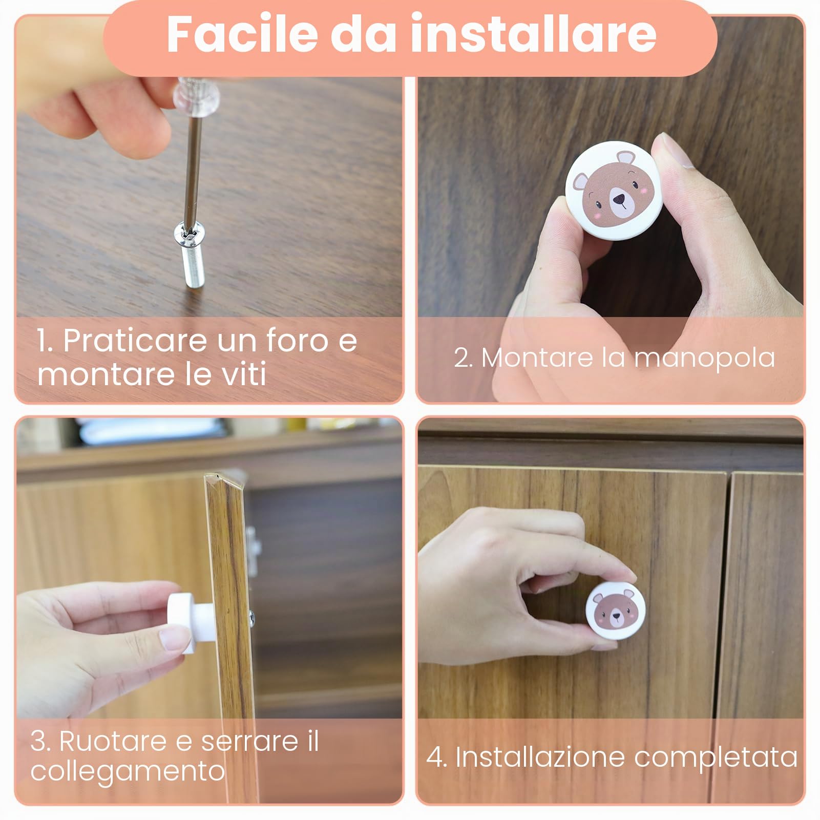 6 Pezzi Pomelli Per Mobili Bambini in Legno, Maniglie Cameretta con Viti, Pomelli Decorativi in Legno per Armadietti con Diversi Motivi di Animali