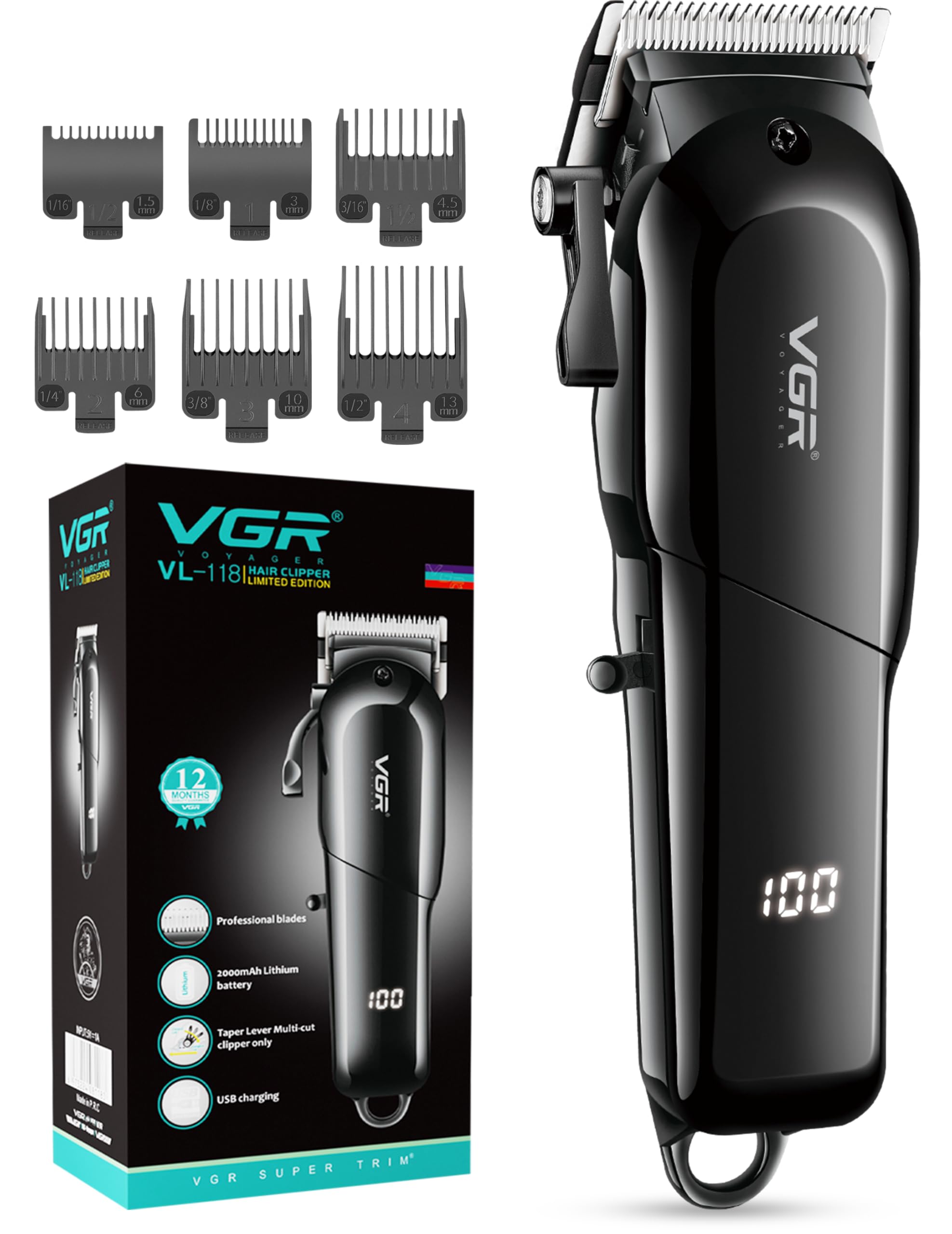 VGR VL-118 Limited Edition Professional Corded & Cordless Hair Clipper | LED Display | 6 Length Settings | 200 min Runtime | Ultra-Sharp Blades | 2000mAh Battery | Salon-Grade Grooming Tool (Black)-image-49