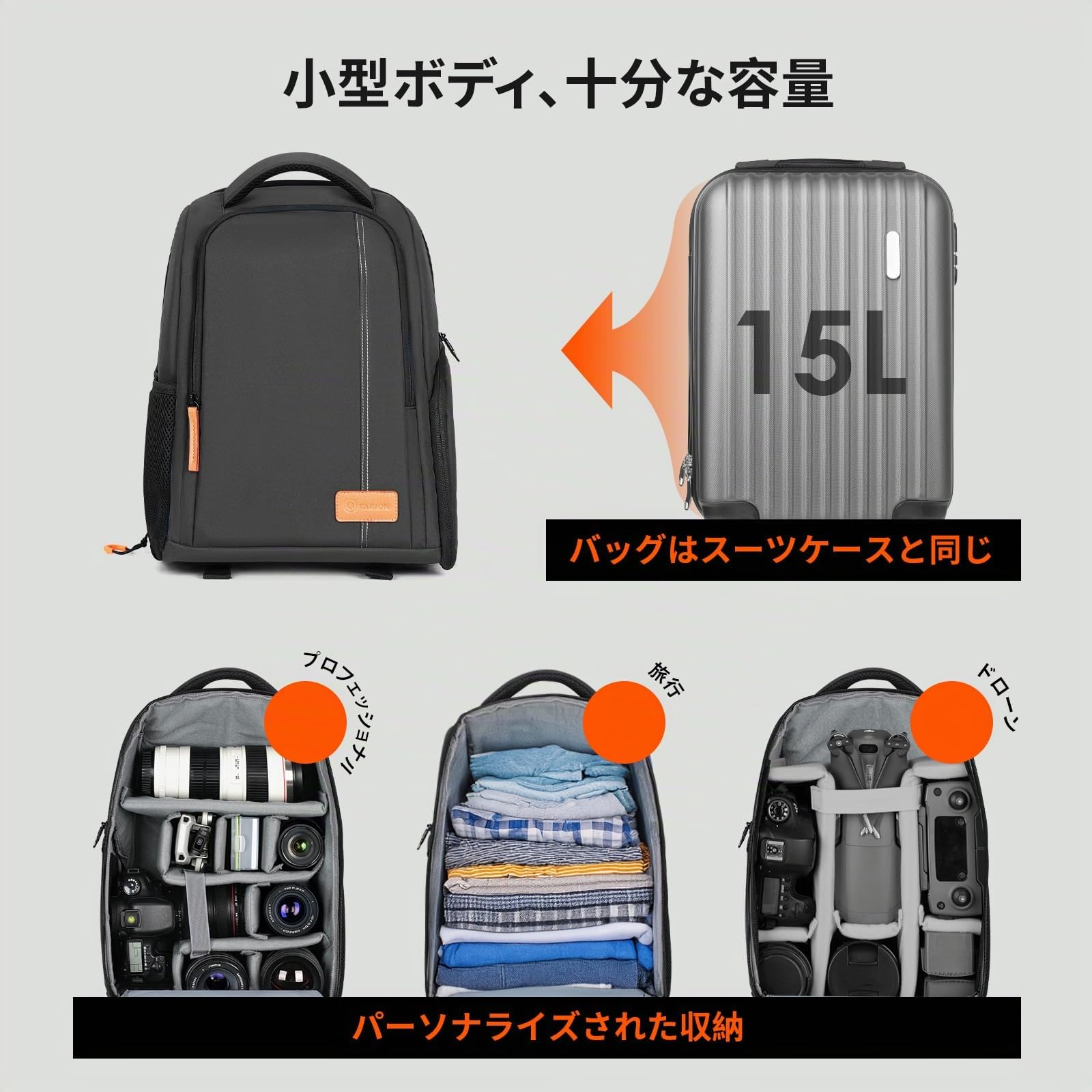 TARION Sac à Dos pour Appareil Photo 15L avec Compartiment Ordinateur 15,6" et Housse Imperméable