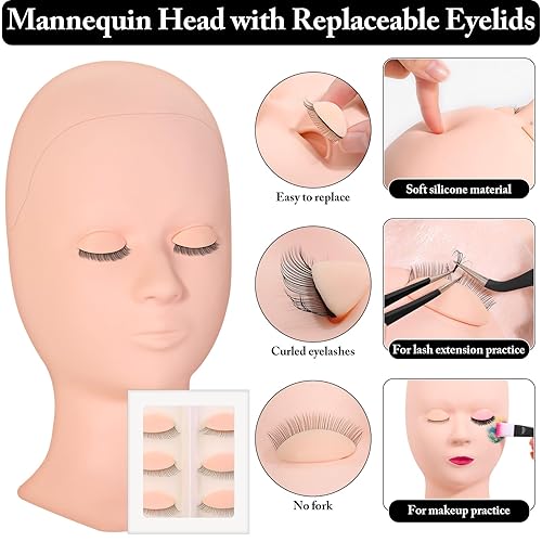 Miniatura 2 de Kit de extensión de pestañas para principiantes, 345 PCS Suministros de práctica Cabeza de maniquí con párpados extraíbles, pegamento de extensión,