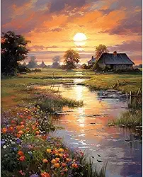 Kit de pintura por números para adultos iniciantes, pôr do sol do campo kits de pintura por números em tela sem moldura, tinta a óleo de cabine ribeirinha por números para presente de decoração de
