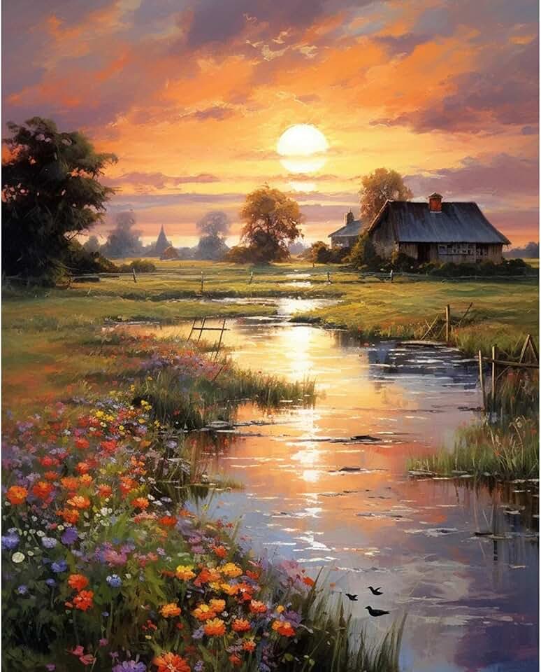 Kit de pintura por números para adultos iniciantes, pôr do sol do campo kits de pintura por números em tela sem moldura, tinta a óleo de cabine ribeirinha por números para presente de