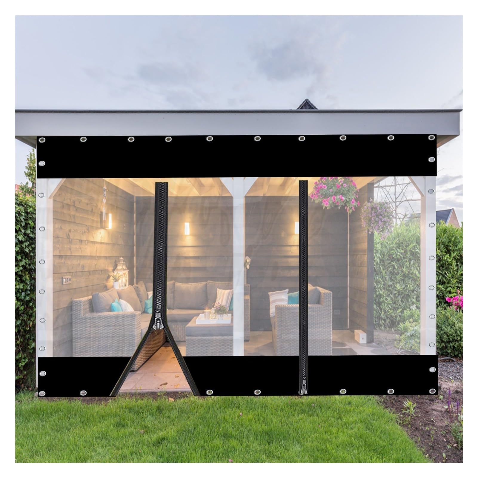 Rideau extérieur en PVC transparent imperméable 4x3,5m avec fermeture éclair pour pergola