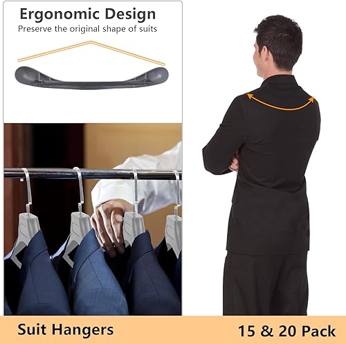 Miniatura 4 de Perchas de plástico extra anchas para hombre, paquete de 15 ganchos de 17.7 pulgadas de ancho, perchas grises para suéteres sin abultamiento,