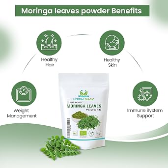Herbal Magic's Organic Moringa Leaf Powder Raw and Pure Whole Leaves, Green Superfood for Smoothies, Shakes, Baking, Free from Fillers & Preservatives. of&G UK Organic Certified 200g (Pack of 1)