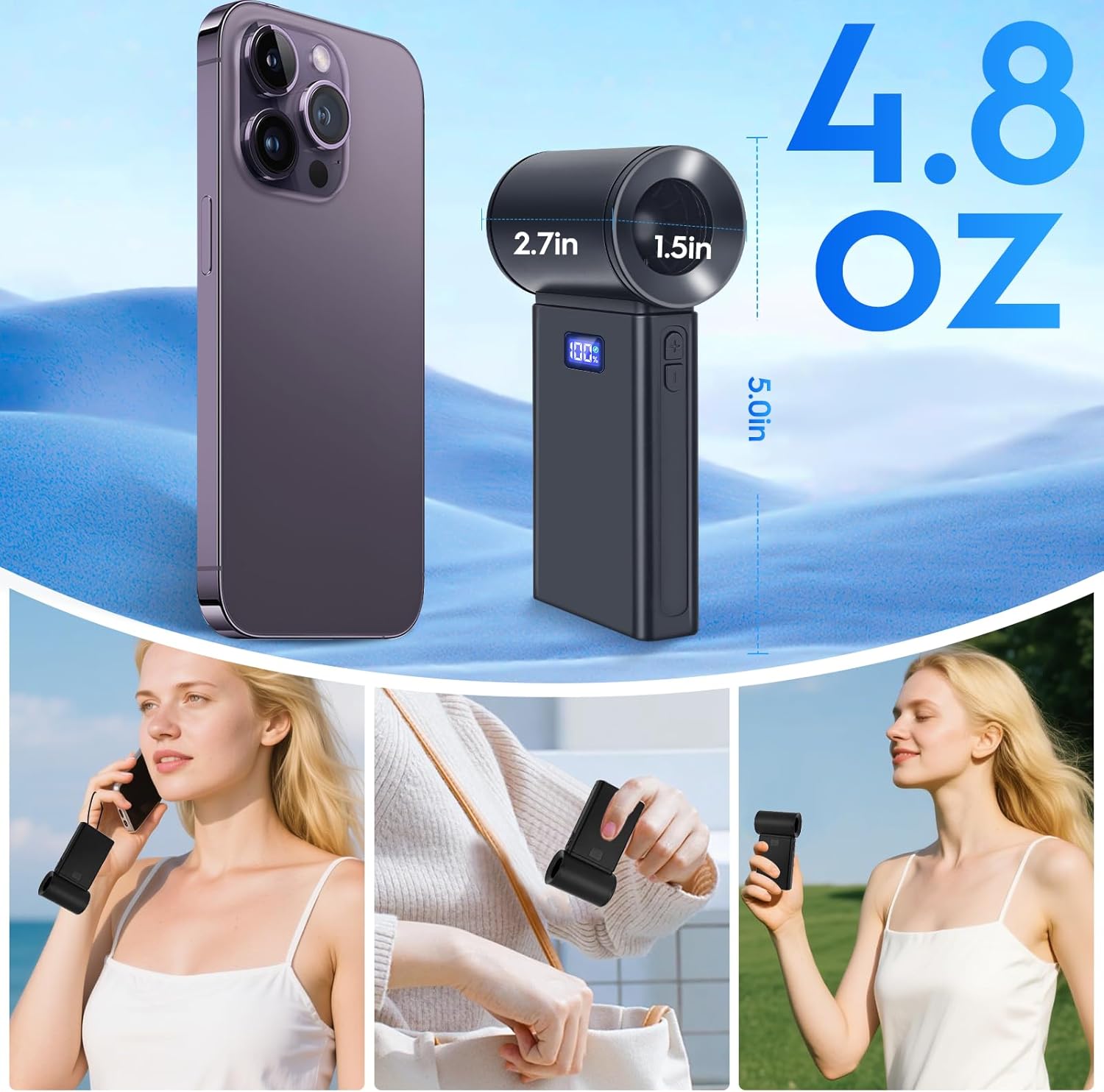 Portable Handheld Fan, 19000 RPM 100 Speeds Adjustable Mini Personal Fan, USB or Solar Rechargeable, Can as Emergency Power, Digital Display, Gifts for Women Men Travel/Camping/Outdoor Adventure - Image 6