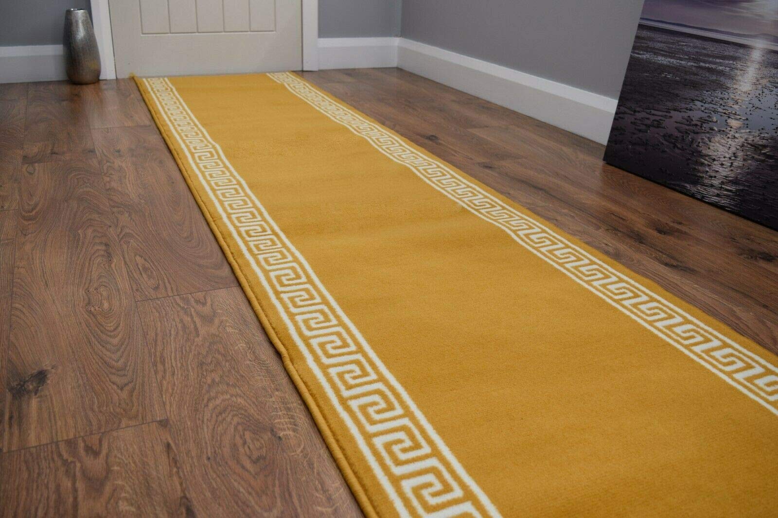 SrS Rugs® Luna Collection, Modern Long Carpet Runner Rug for Entrance Hall and Stairs. Smooth Soft 8mm Depth Pile. 70cm Wide. Any Length (Greek Key Gold, Length: 7' (213cm)) — image 1