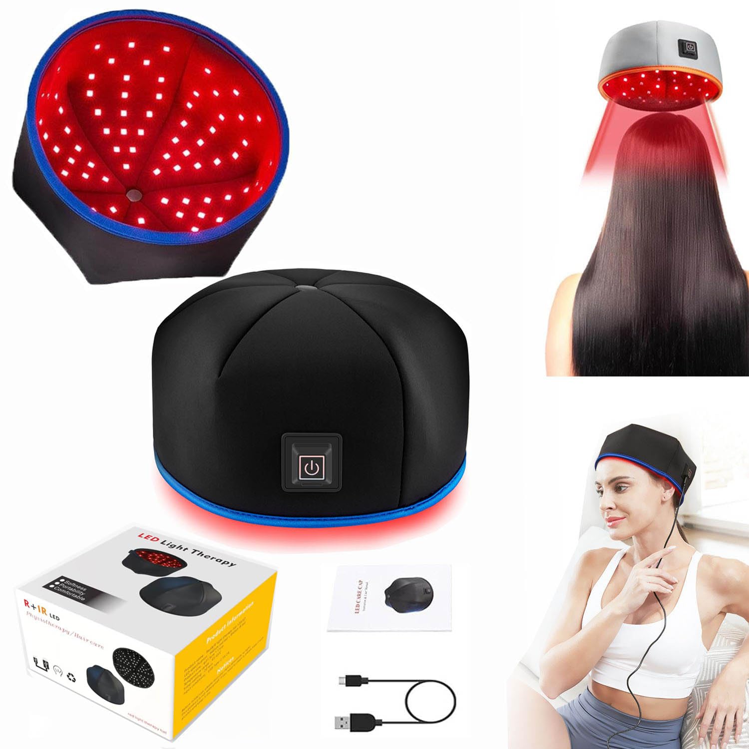 Sistema De Crecimiento Del Cabello Terapia De Luz Roja Tratamiento De Pérdida De Cabello Gorra De Cuidado Del Cabello,Terapia de luz infrarroja for Adelgazar el Cabello. (negro)