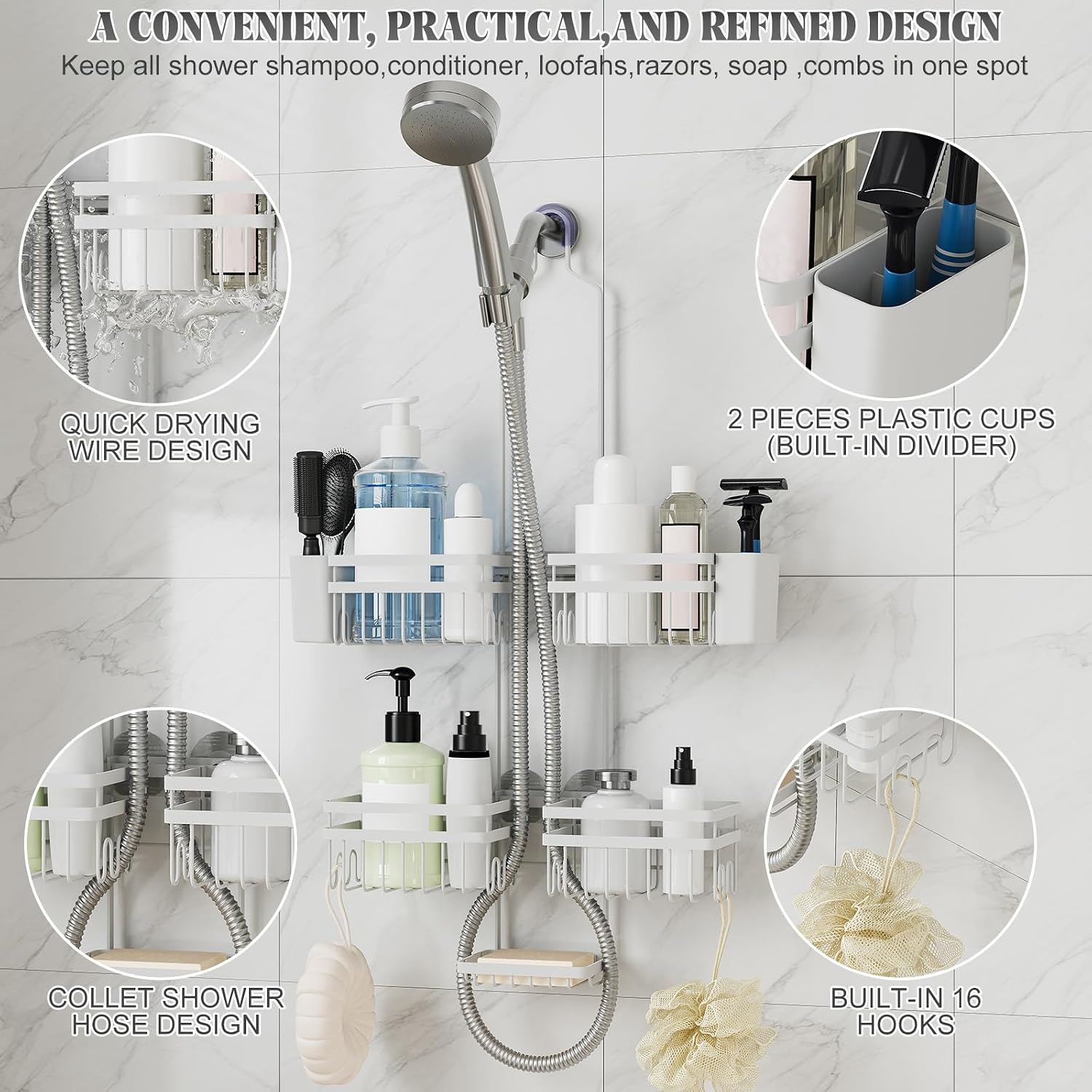Shower Caddy Hanging for Bathroom Organizers and Storage - 3-Tier Adjustable Anti-Swing Shower Organizer Hanging with Heavy-Duty Suction Cups, Damage-Free Rustproof (White)