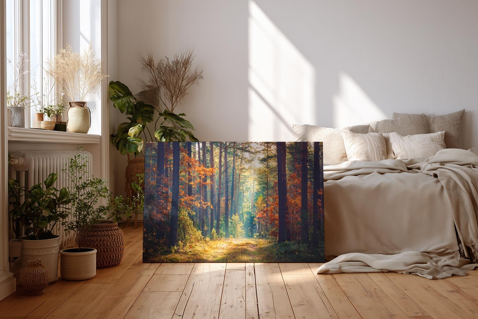 Sinus Art Wandbild 120x80cm Waldweg durch herbstlich gefärbten Wald mit Lichtspiel für gemütliche Raumwirkung