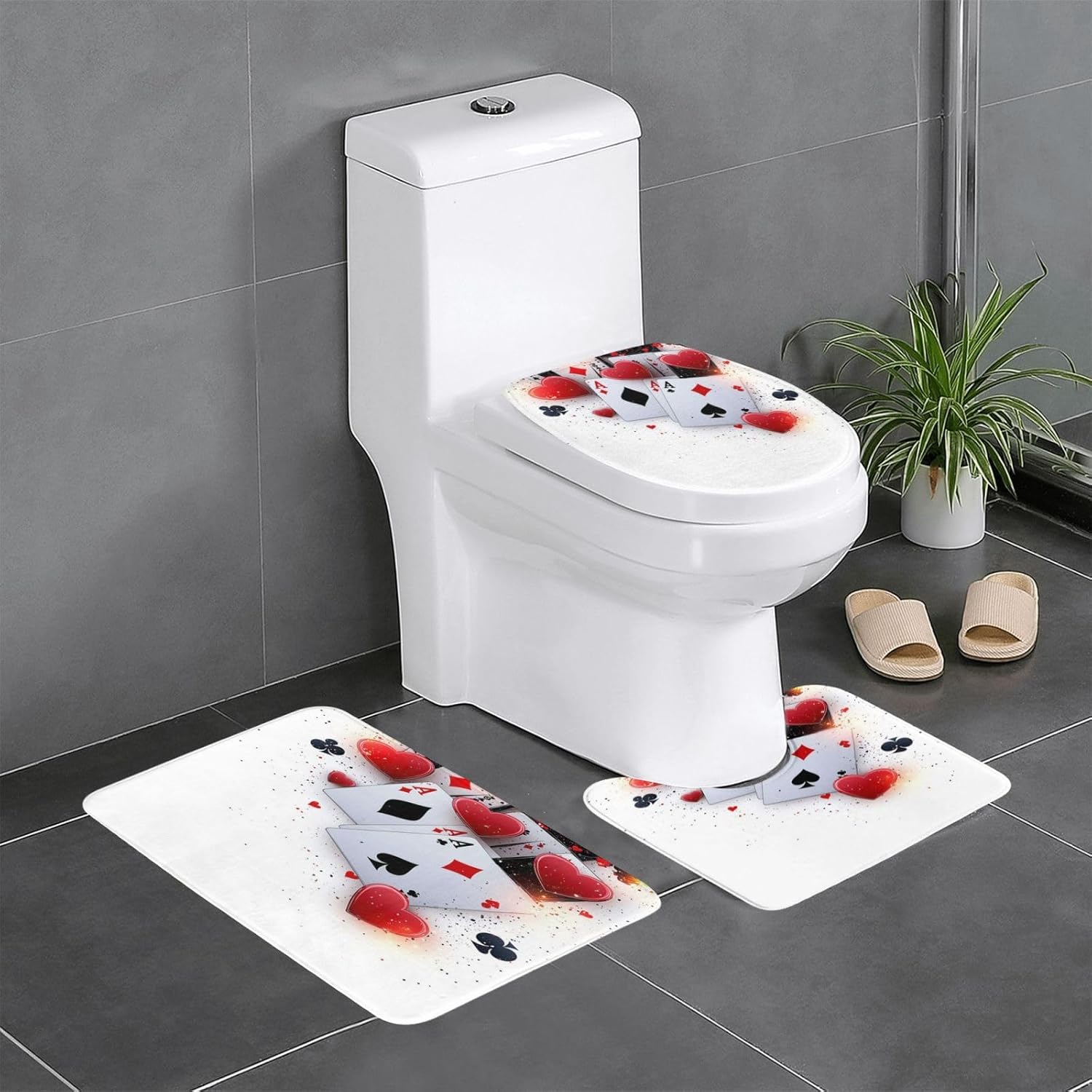 3 Piece Ace of Hearts Poker Cards Scattered Bathroom Rugs Set, Non-Slip Absorbent Microfiber Bath Mat Set with U-Shaped Toilet Mat for Bathroom Tub Shower